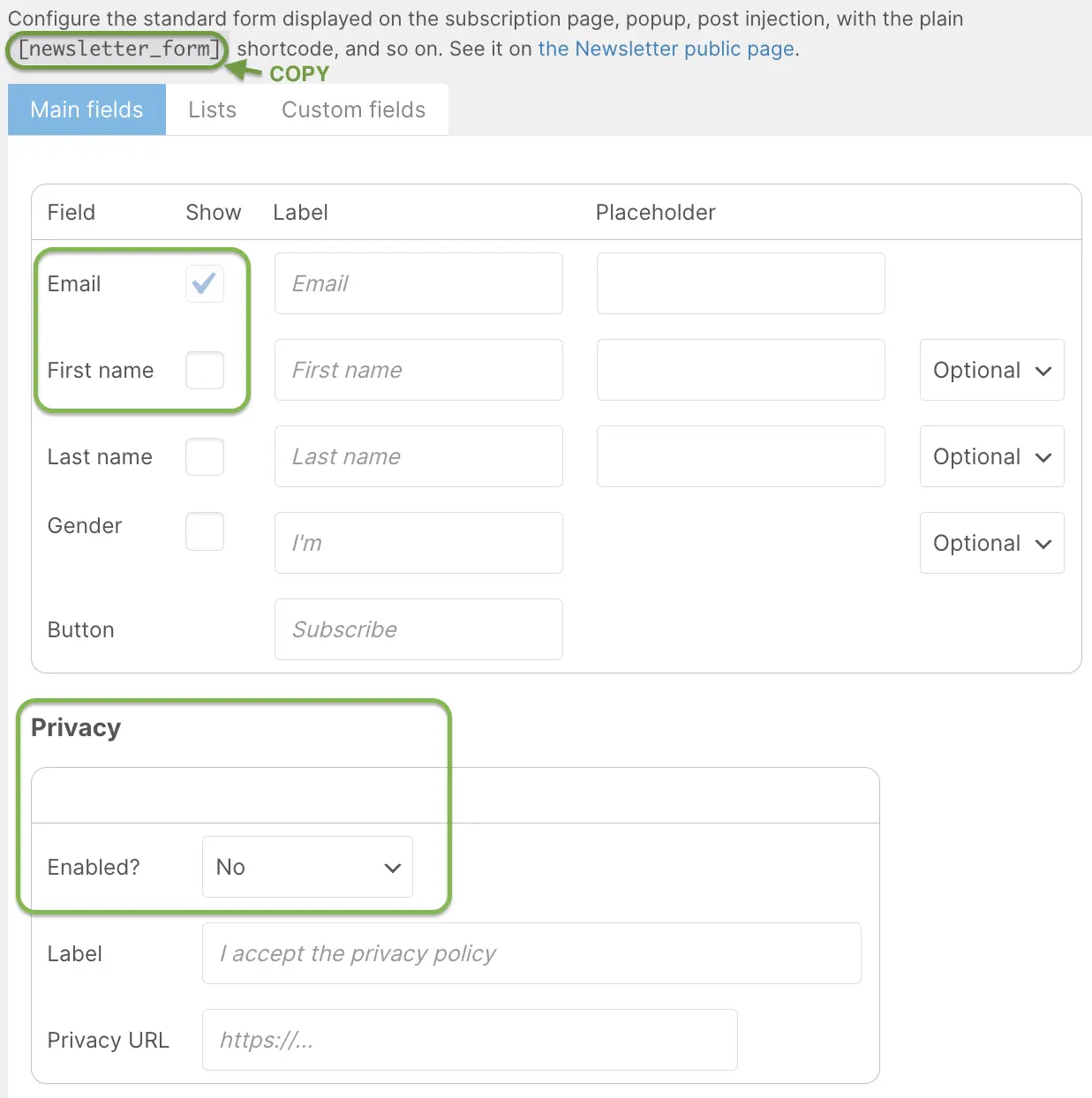 Newsletter plugin wordpress form fields setup: email, name, privacy checkbox