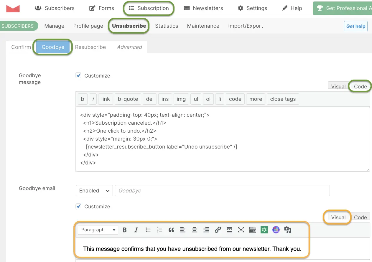 Newsletter Goodbye Message and Email Customization