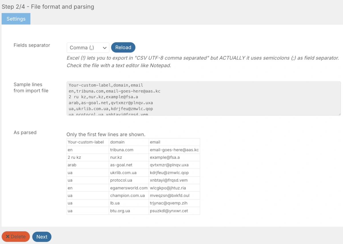 Newsletter plugin import CSV file format and column preview step