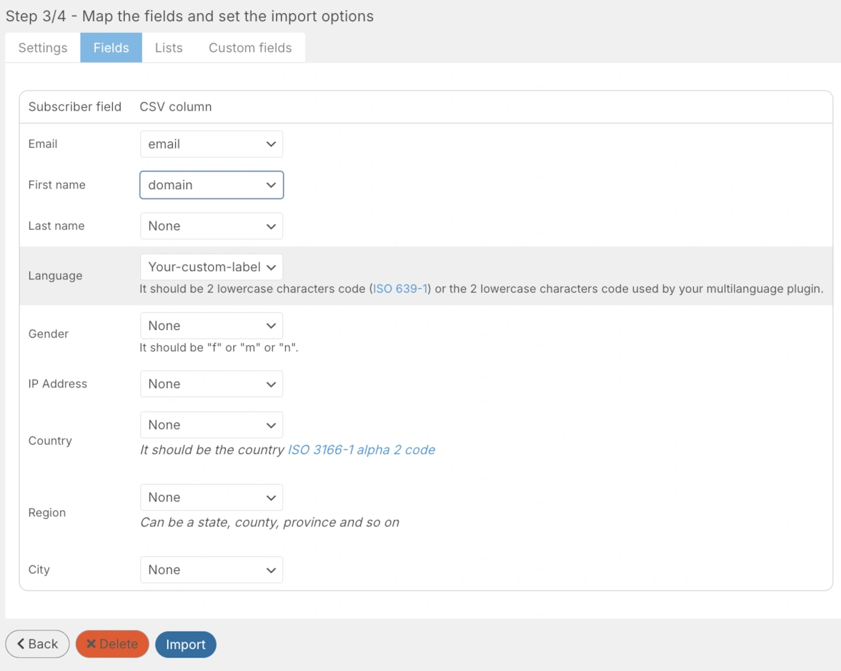 Newsletter plugin import map CSV columns to subscriber fields