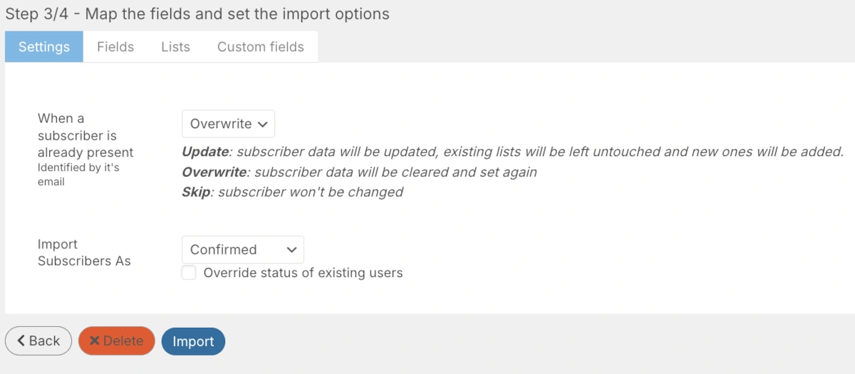 Newsletter plugin import settings - import as Confirmed, Update existing subscribers