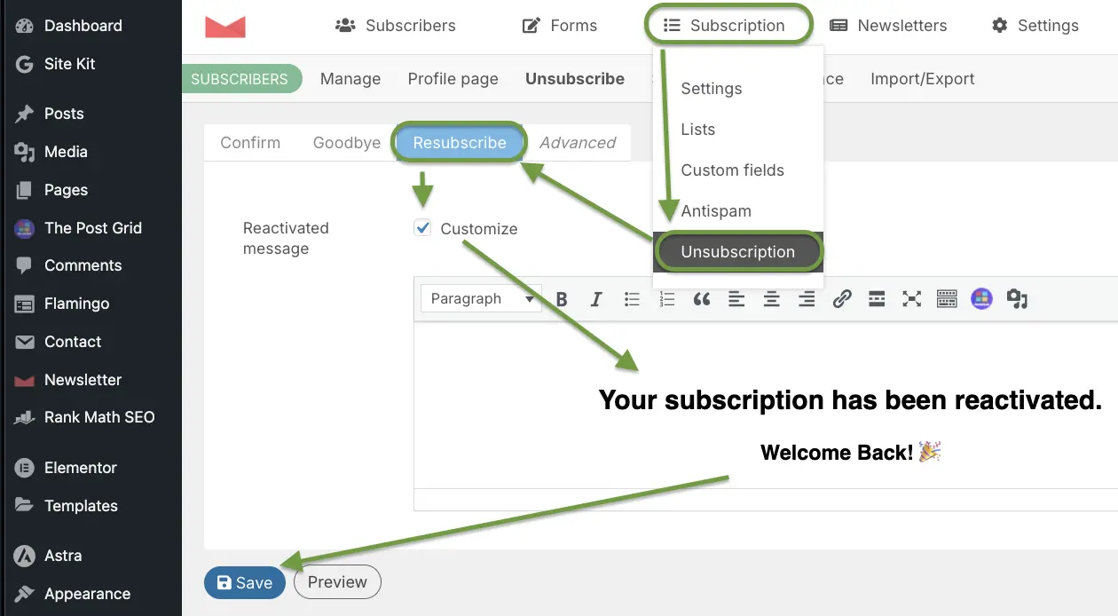 Editing reactivation message in Newsletter Plugin
