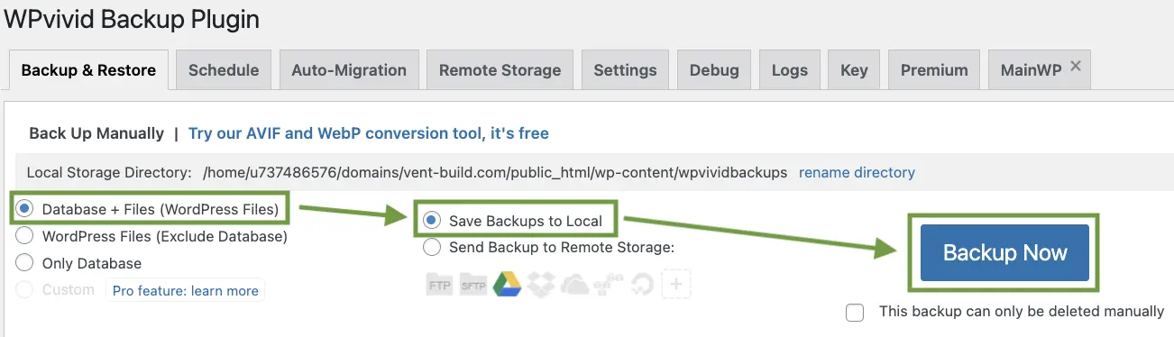 WPvivid backup interface showing Database + Files option and Save to Local setting