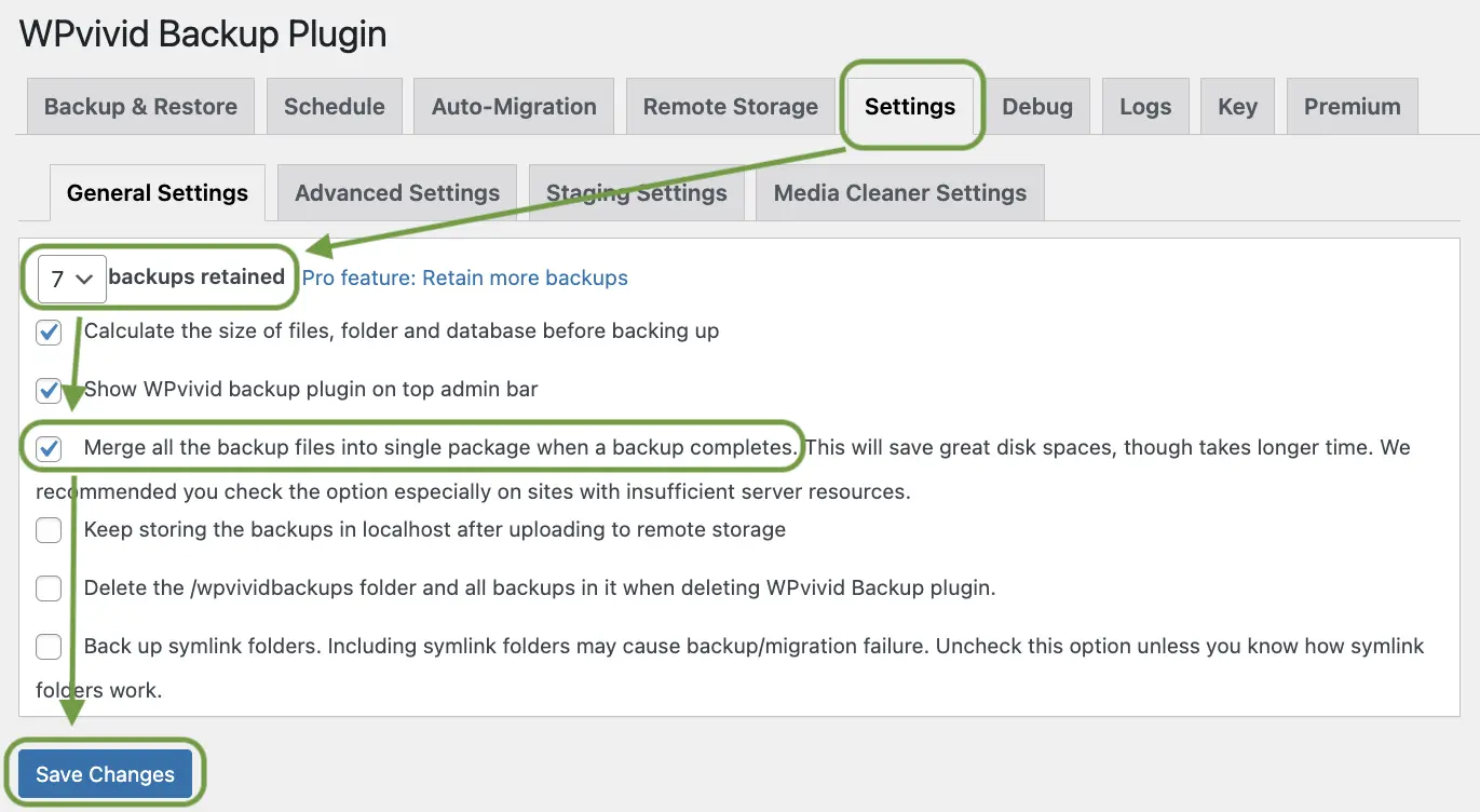 WPvivid general settings showing maximum backups retained set to 7