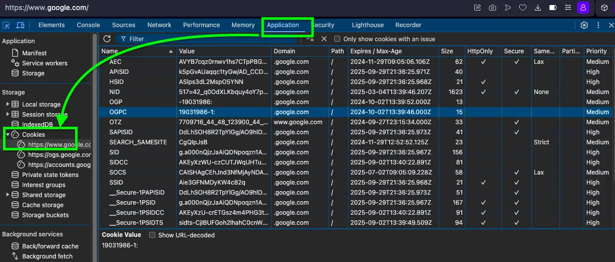 Example of cookies shown in the Opera browser's developer tools on the Google website