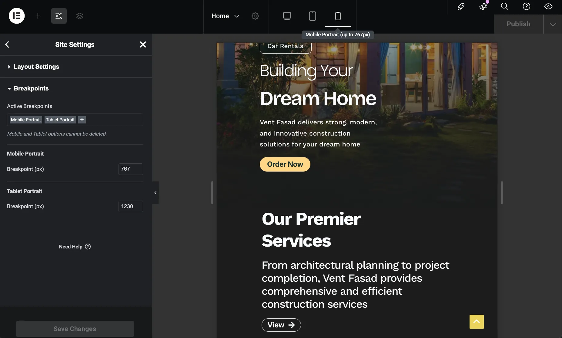Vent-Build Elementor Settings